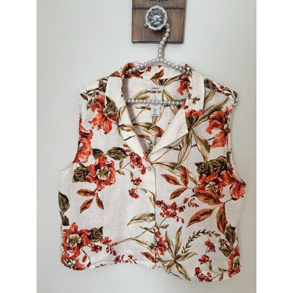 Joie Womens Size Large 100% Linen Blouse Cream Orange Floral Sleeveless - Picture 1 of 7